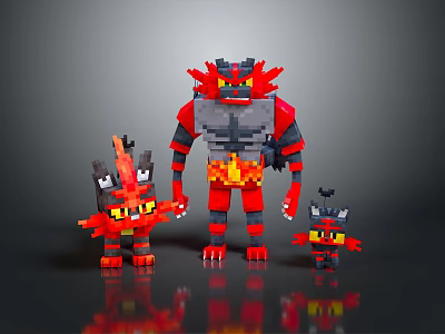 Pixel Art Red Gray Horned Flame Themed Game Characters Family Team 3d model