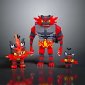 Pixel Art Red Gray Horned Flame Themed Game Characters Family Team