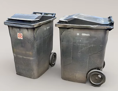 Public Facilities Waste Management Black Trash Bins With Wheels And Red Sticker 3d model