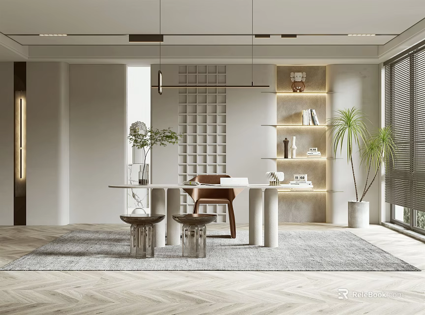 Modern Study Room Interior With Desk Chair Bookshelf Plant And Herringbone Floor Lighting 3d model 
