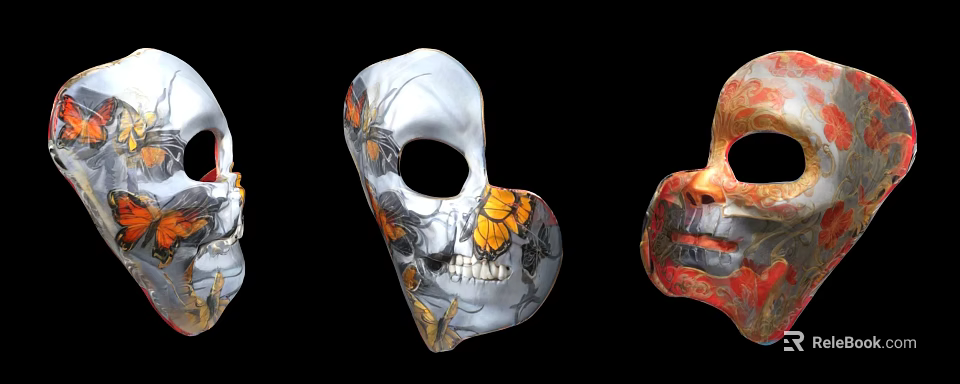Artistic Hand Carved Skull Masks With Butterfly Patterns And Floral Details 3d model 