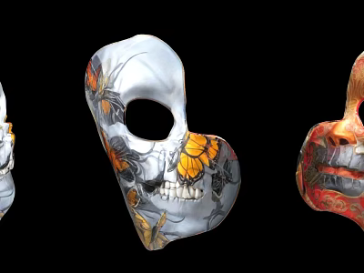 Artistic Hand Carved Skull Masks With Butterfly Patterns And Floral Details 3d model
