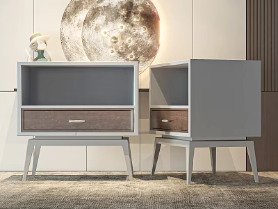 Modern Bedside Tables With Two Gray And Brown Drawers And Moon Shaped Decor 3d model