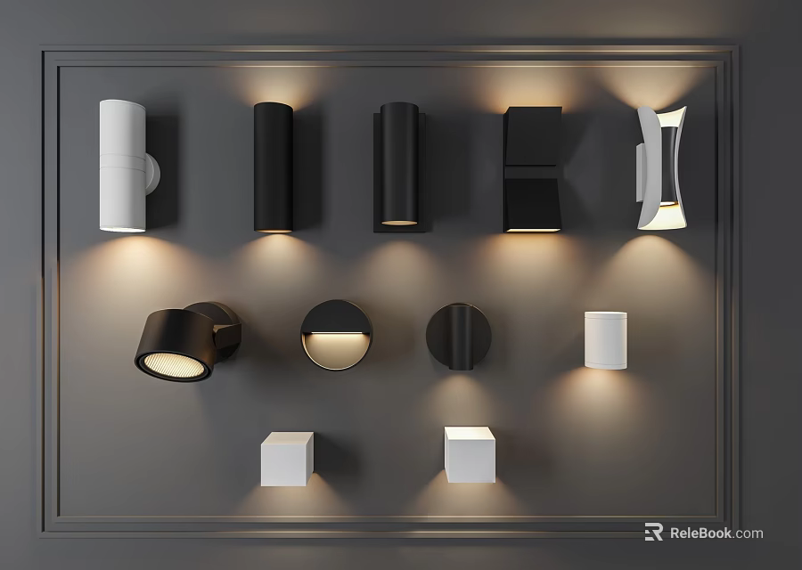 Modern Black and White Wall Lights with Various Designs Mounted on Grey Wall 3d model 