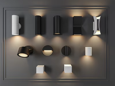 Modern Black and White Wall Lights with Various Designs Mounted on Grey Wall 3d model