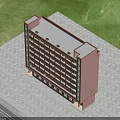 Pink Multi Story Office Building With Numerous Windows Blue Sky And Green Lawn