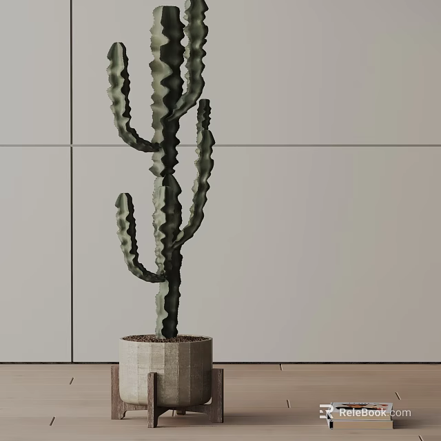 Cactus Bonsai Plant in Square Concrete Pot with Light Colored Wall and Wooden Floor 3d model 