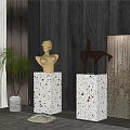 Artistic Bust And Horse Sculptures On Concrete Pedestals With Wooden Wall And Potted Plant
