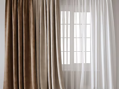Brown Beige And White Layered Curtains With Sheer Panels For Window Interior Design 3d model