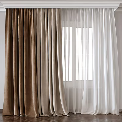 Brown Beige And White Layered Curtains With Sheer Panels For Window Interior Design 3d model