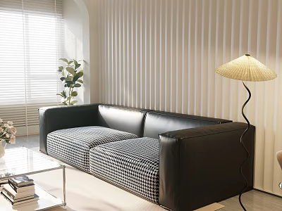 Black Leather Sofa With Checkered Cushions Glass Coffee Table Set Rattan Lamp Natural Light Blinds 3d model