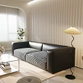 Black Leather Sofa With Checkered Cushions Glass Coffee Table Set Rattan Lamp Natural Light Blinds