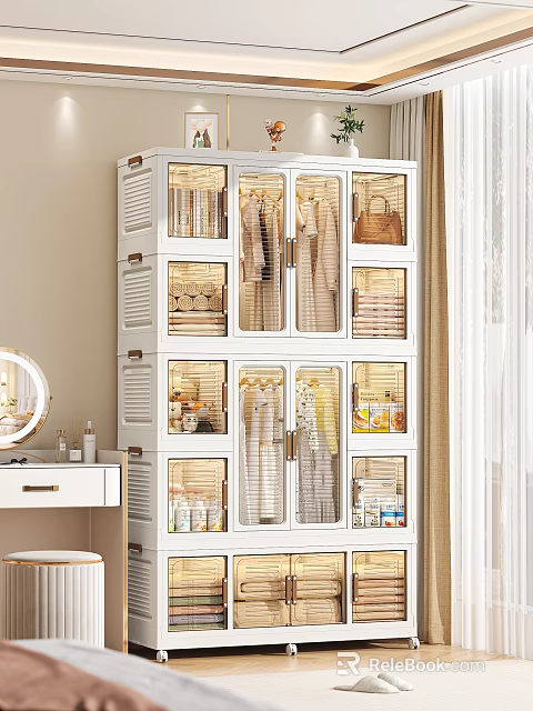 Modern White Wardrobe With Glass Doors Lighted Shelves For Clothes And Bags 3d model 