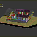 Cartoon Scene Of Cozy Log Cabin With Gray Roof Wooden Porch And Lush Green Grass