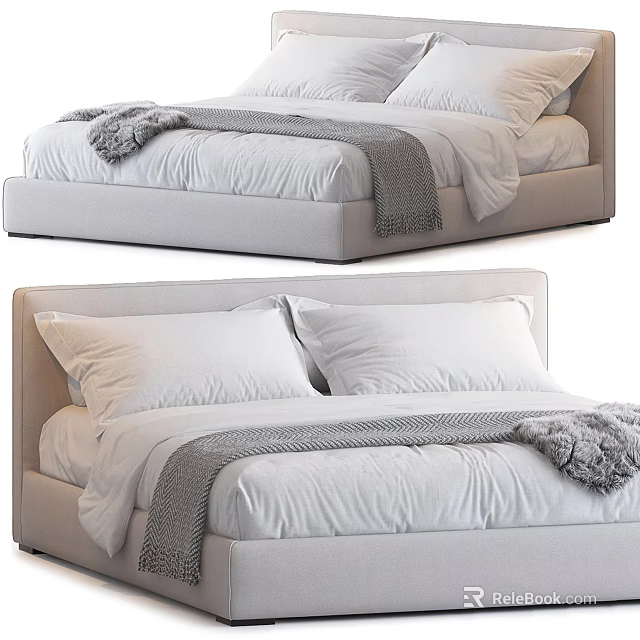 Modern Double Bed With Sleek Headboard White Sheets Gray Throw And Furry Blanket 3d model 