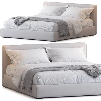 Modern Double Bed With Sleek Headboard White Sheets Gray Throw And Furry Blanket 3d model