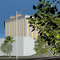 Aerial Planning Of Modern Building With Elegant Facade Landscaping Trees And Street Lamp Layout
