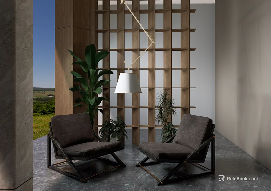 Two Modern Single Sofas In Interior With Wooden Lattice Screen Green Plants And Hanging Lamp 3d model 