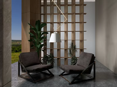Two Modern Single Sofas In Interior With Wooden Lattice Screen Green Plants And Hanging Lamp 3d model