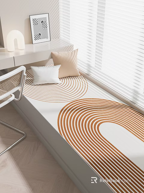 Cozy Bedroom With Circular Pattern Bed Brown Beige Pillows Woven Back Chair And Blinds 3d model 