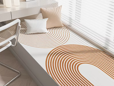 Cozy Bedroom With Circular Pattern Bed Brown Beige Pillows Woven Back Chair And Blinds 3d model