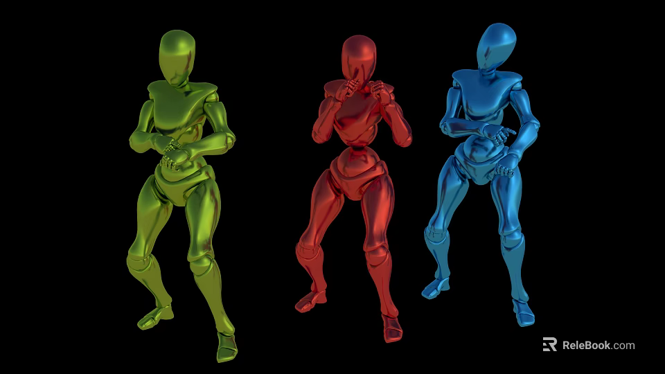 Three Colored Male Humanoid Figures Green Red Blue with Different Poses on Black Background 3d model 