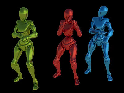 Three Colored Male Humanoid Figures Green Red Blue with Different Poses on Black Background 3d model