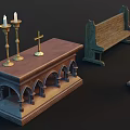Traditional Religious Wooden Furniture With Altar Candlesticks Open Book And Bench
