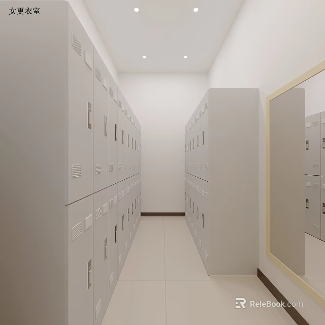 Modern Locker Corridor Design With Light Colored Lockers Mirror And Tile Floor 3d model 