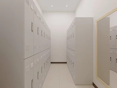 Modern Locker Corridor Design With Light Colored Lockers Mirror And Tile Floor 3d model