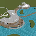 Modern Landscape Pavilions By Waterfront With Wooden Platforms Green Areas And Curved Pathways