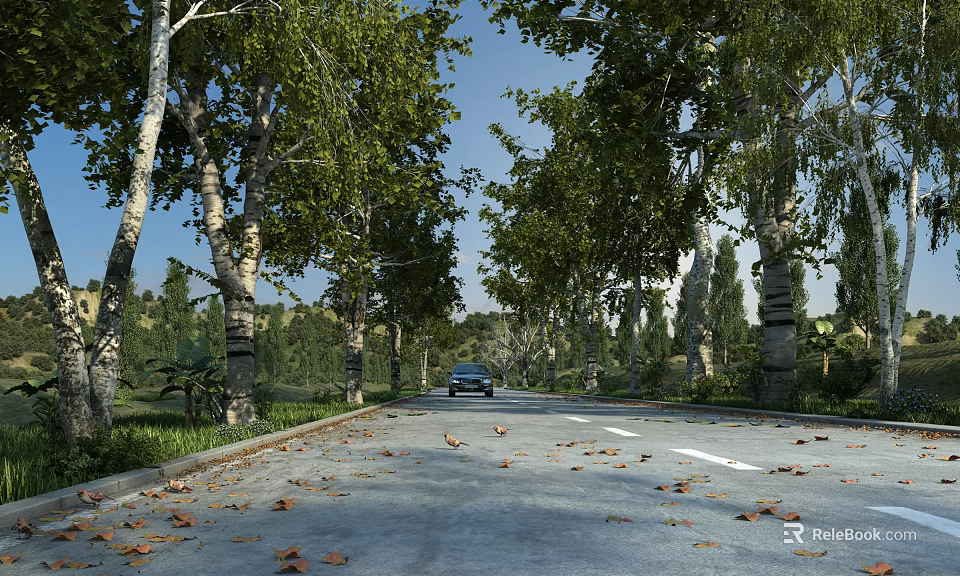 Scenic Municipal Road Lined with Trees Fallen Leaves and Distant Car Under Blue Sky 3d model 