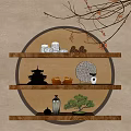 Decorative Ornament Collection on Wooden Shelves with Circular Illuminated Background Pagoda Model and Potted Plant