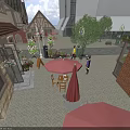 Swing Door For Red Brick Building Outdoor Dining Area With Wooden Tables And Umbrellas