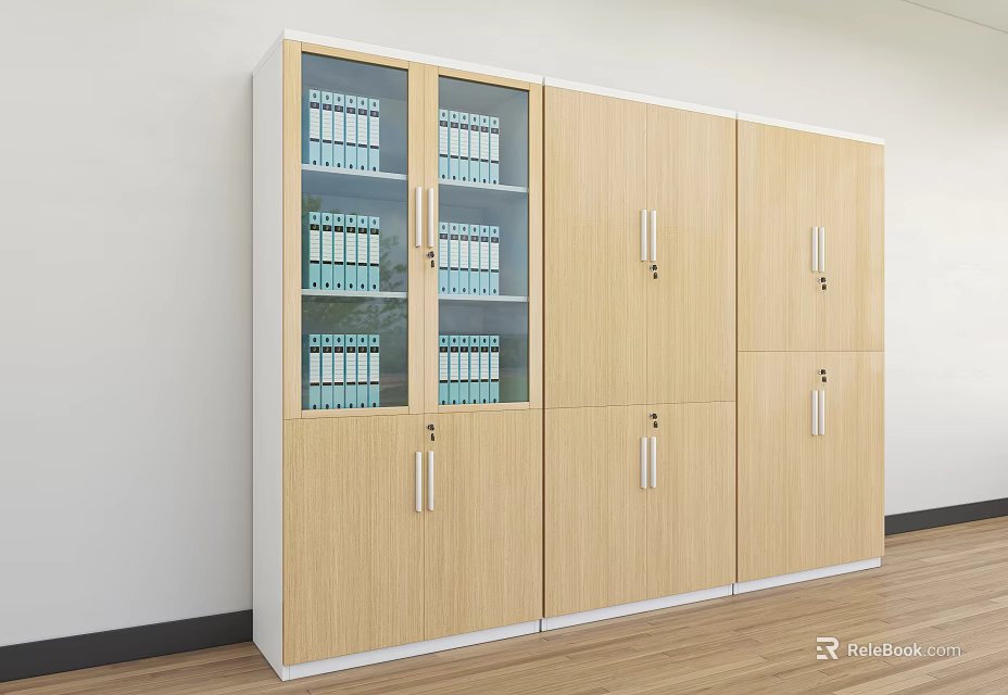 Modern Office Bookcase Design With Glass Doors Wooden Cabinets And File Storage 3d model 