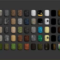 Various Colored Textured Material Samples Arranged in Rows on Dark Reflective Surface