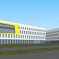 Modern Office Building Exterior Design With Yellow Accents Glass Windows And Green Lawns