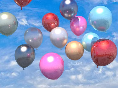 Shiny Colorful Balloons In Various Hues Floating Against Blue Sky With Clouds 3d model