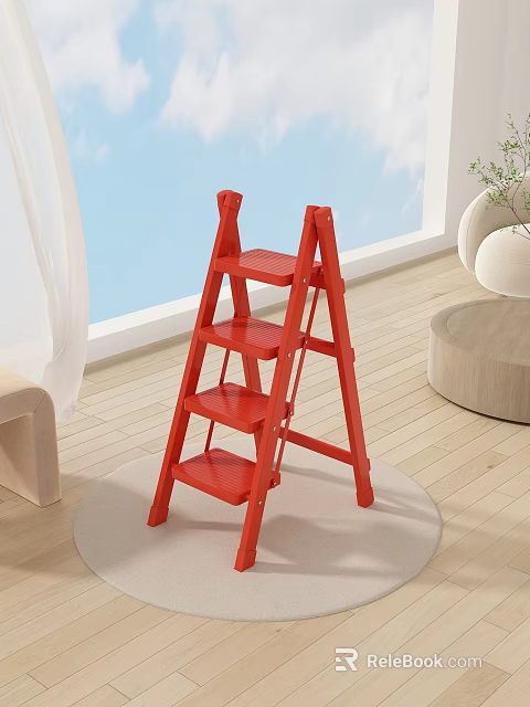Red Four Step Ladder On Rug In Indoor Home With Wooden Floor 3d model 