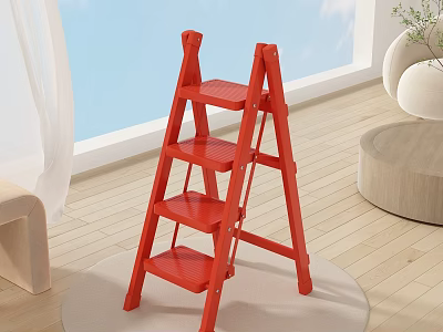 Red Four Step Ladder On Rug In Indoor Home With Wooden Floor 3d model