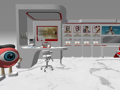 Modern Exhibition Booth Design Featuring Red Eye Doll Display Cabinets And Screen Chair 3d model