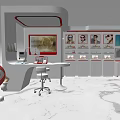 Modern Exhibition Booth Design Featuring Red Eye Doll Display Cabinets And Screen Chair