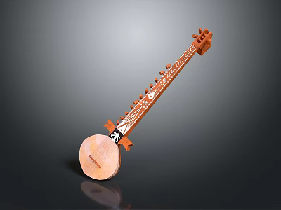 Handcrafted Wooden Sitar Stringed Instrument With Multiple Strings Intricate Carvings And Round Resonant Body 3d model