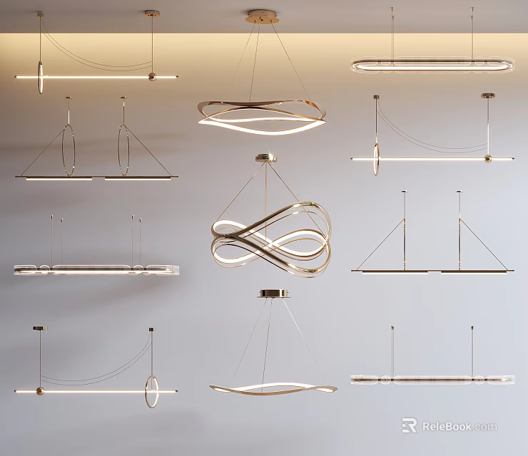 Contemporary Pendant Lighting Combinations Featuring Geometric Circular Linear And Infinity Shape Designs 3d model