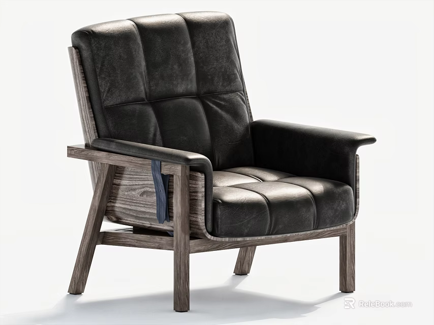 Modern Black Leather Leisure Chair With Wooden Frame Padded Back And Seat Contemporary Design 3d model 
