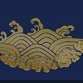 Golden Carving with Waves and Clouds on Dark Blue Background 3d model