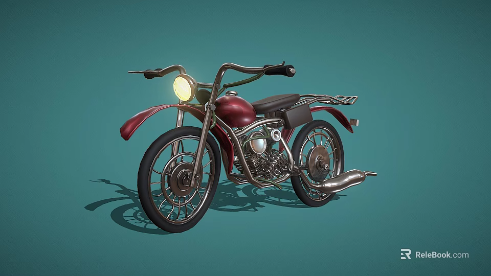 Red Motorcycle With Headlight Black Seat Silver Engine And Exhaust Pipe 3d model
