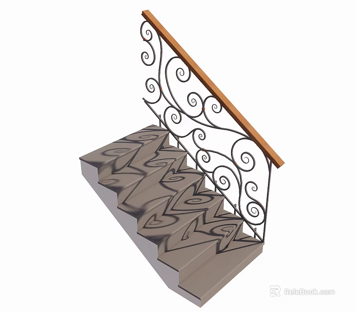 Elegant Staircase With Wrought Iron Scroll Railing Wooden Handrail And Patterned Steps 3d model 