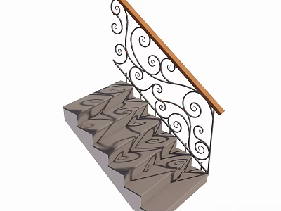 Elegant Staircase With Wrought Iron Scroll Railing Wooden Handrail And Patterned Steps 3d model