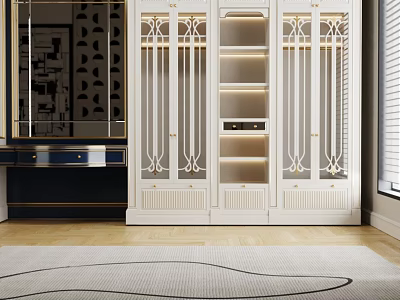 Luxurious White Wardrobe With Carved Patterns Glass Doors And Interior Lighting 3d model